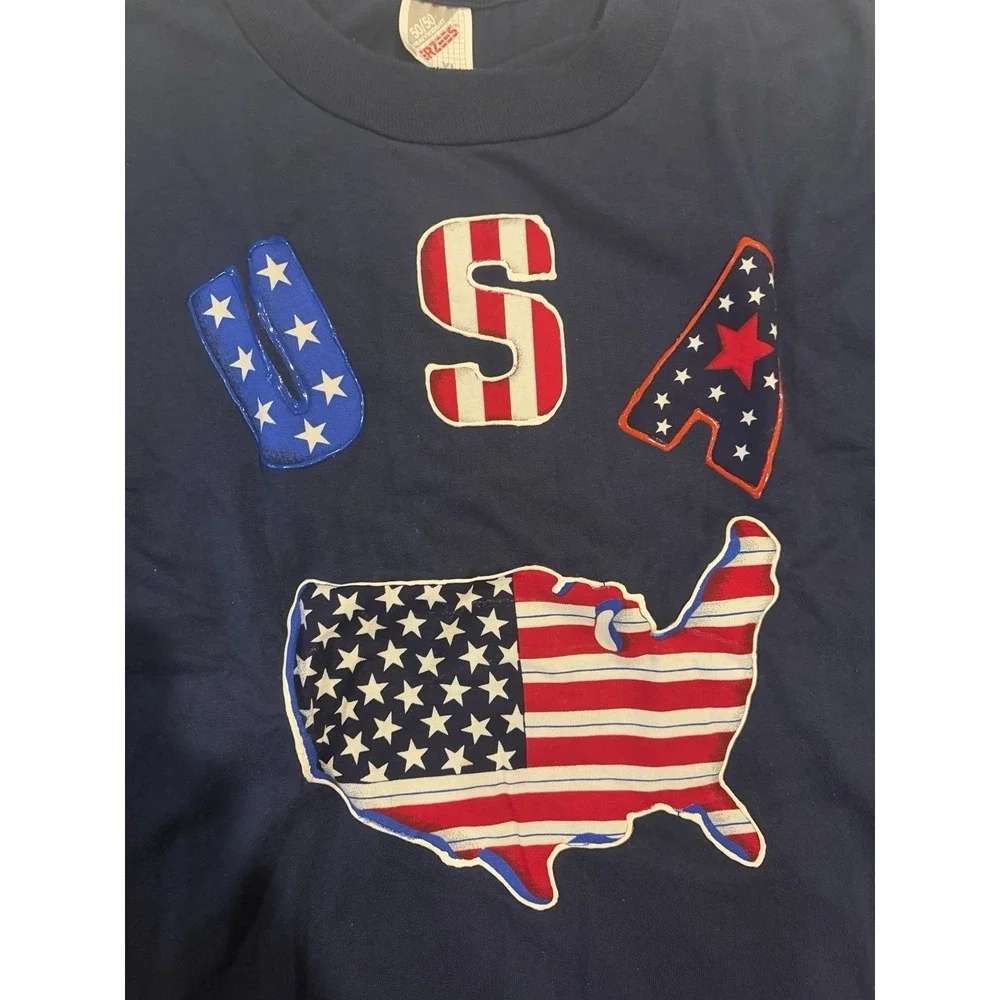 Vintage Jerzees USA Map Shirt Short Sleeve Mens XL Puff Paint Blue Red White - Picture 6 of 11